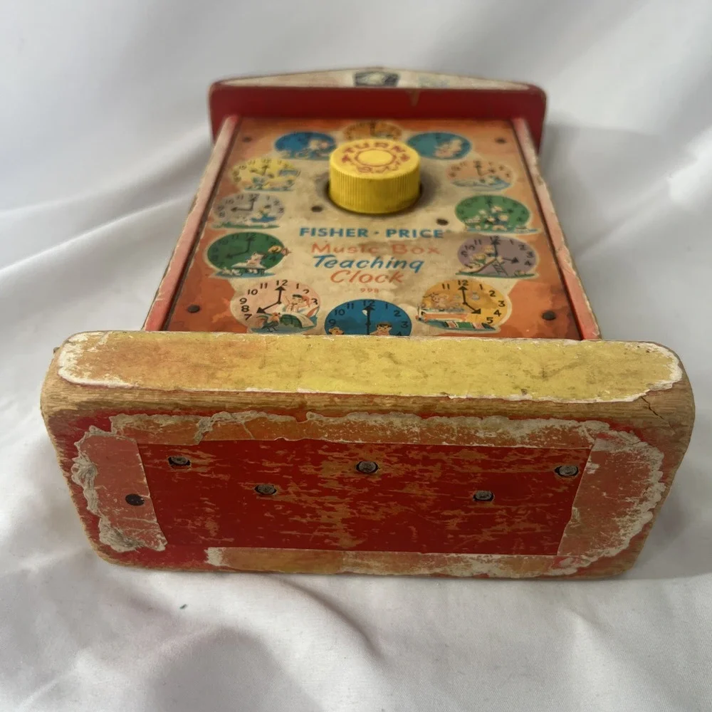 1968 Fisher Price Music Box Teaching Clock 998 School Toy Vintage‎ WORKS FAIR